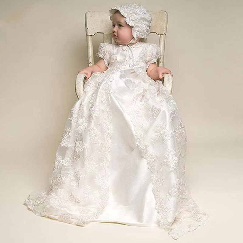 Europese en Amerikaanse babydoopkleedjurk lange kanten jurk hoed driedelige kinderkleding WD1263