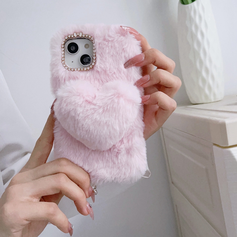 Cute 3D Love Heart Fluffy Fur Phone Cases For Iphone 15 14 Pro Max 13 12 11 XR XS X 8 7 Plus Chromed Metallic Plating Diamond Soft TPU Genuine Rabbit Hair Lover Phone Cover