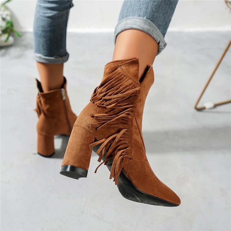 Western Cowboy Tassel Fringes Boots for Women 2022 Slip on Square Cowgirl Cowgirl's Winter Winter Shoes Zipper High Heel Boot