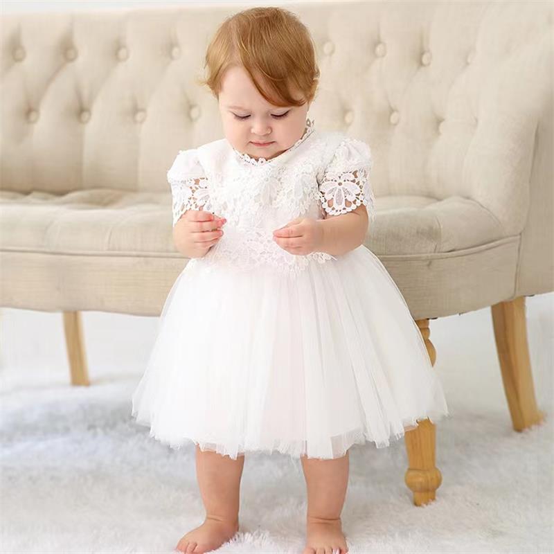 European Baptist Dress Girl Birthday Princess Korte mouw kant satijn MQ6150