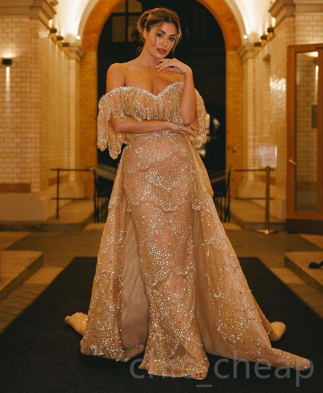 2023 arabe Aso Ebi gaine d'or robes de bal cristaux perlés soirée soirée formelle deuxième réception anniversaire robes de fiançailles robe ZJ505