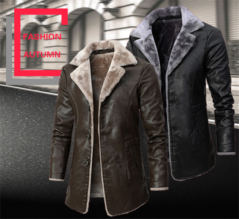 Winter Fleece Plush PU Trench Coats Fashion Business Casual Middle Long Suit Collar Men's Windbreaker Leather Jacket