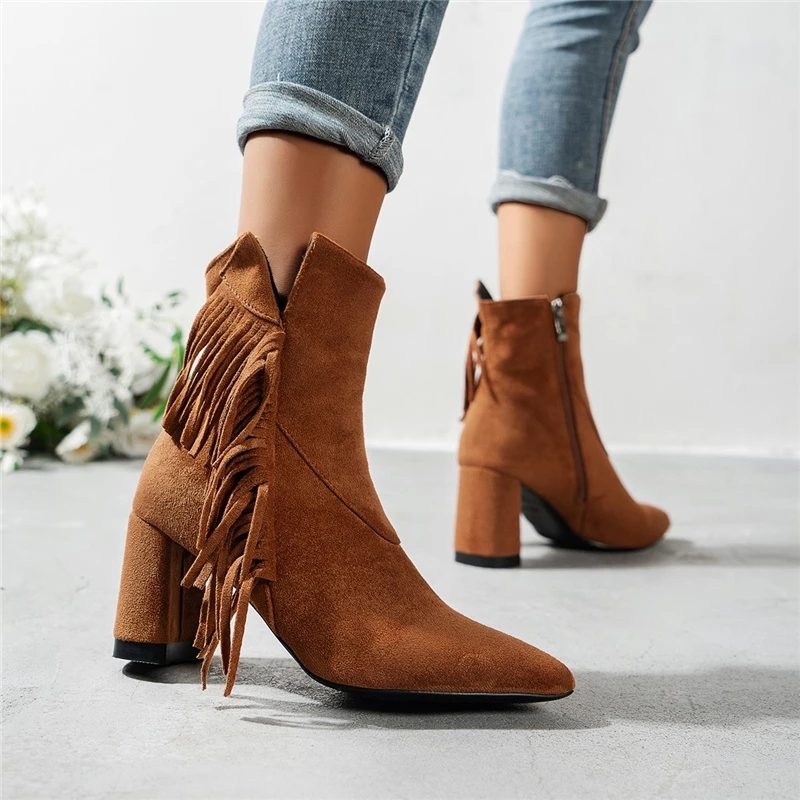 Western Cowboy Tassel Fringes Boots for Women 2022 Slip on Square Cowgirl Cowgirl's Winter Winter Shoes Zipper High Heel Boot