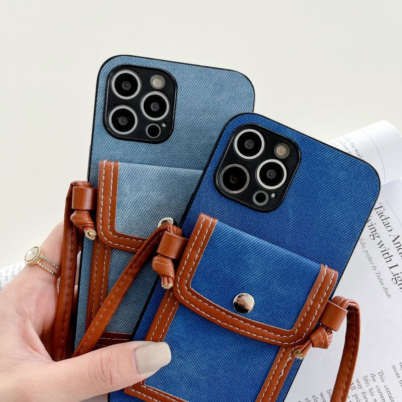 Necklace Jeans Phone Cases for iPhone 14 13 12 11 Pro Max XR XS 7 8 Plus SE2 SE3 Crossbody Chain Card Slot Wallet Clutch Kickstand Back Cover Shockproof