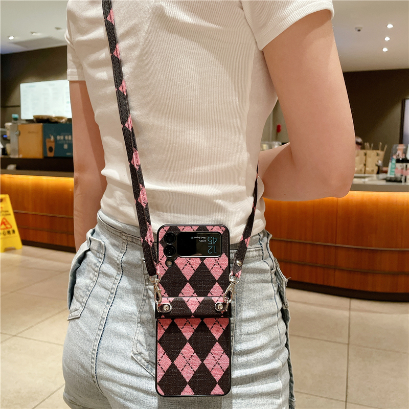 Vikande halsband geometriska trycktelefonfodral för Samsung Galaxy Z Flip3 Flip4 5G Vogue Justerbar Lanyard Rhombus Pattern Protective Shell Suffproof