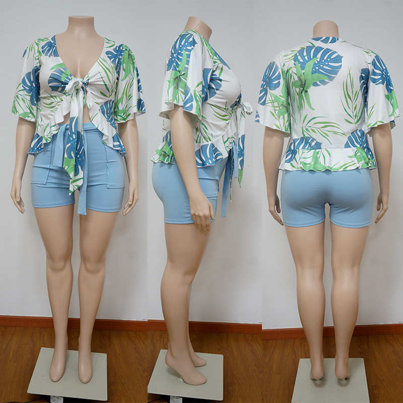 Set da due pezzi da donna Short Plus Size Completi da 2 pezzi Summer Boho Ruffle Crop Top Shorts Set Copricostume da spiaggia con stampa floreale
