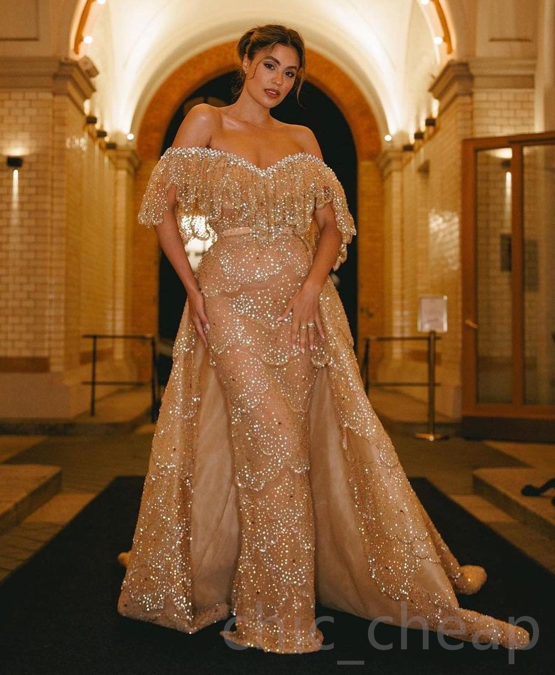 2023 arabe Aso Ebi gaine d'or robes de bal cristaux perlés soirée soirée formelle deuxième réception anniversaire robes de fiançailles robe ZJ505