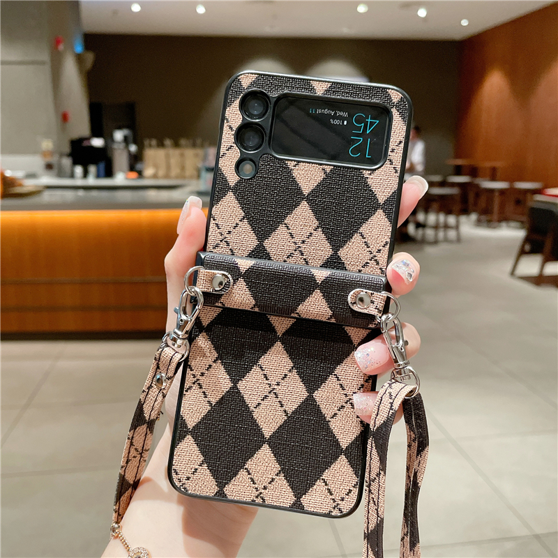 Vikande halsband geometriska trycktelefonfodral för Samsung Galaxy Z Flip3 Flip4 5G Vogue Justerbar Lanyard Rhombus Pattern Protective Shell Suffproof