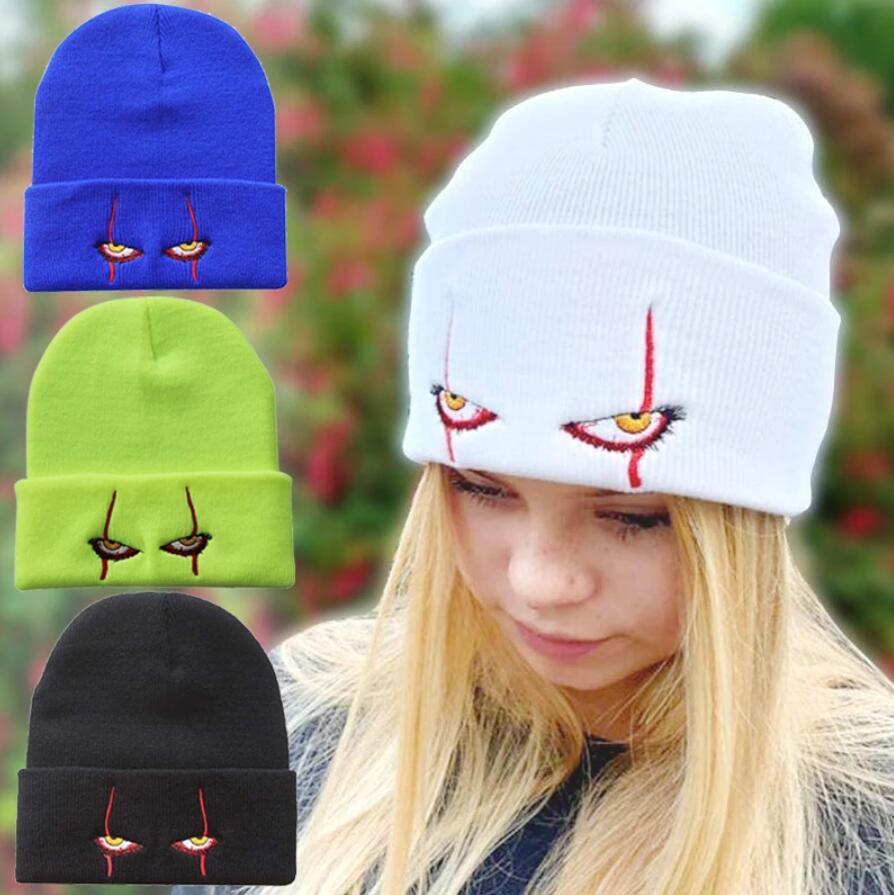 Unisex Knitted Hat Winter Warm Beanie Clown Pennywise Scary Eyes Men Embroidery Hedging Wool Knit Hat Women Cycling Skiing Cap 