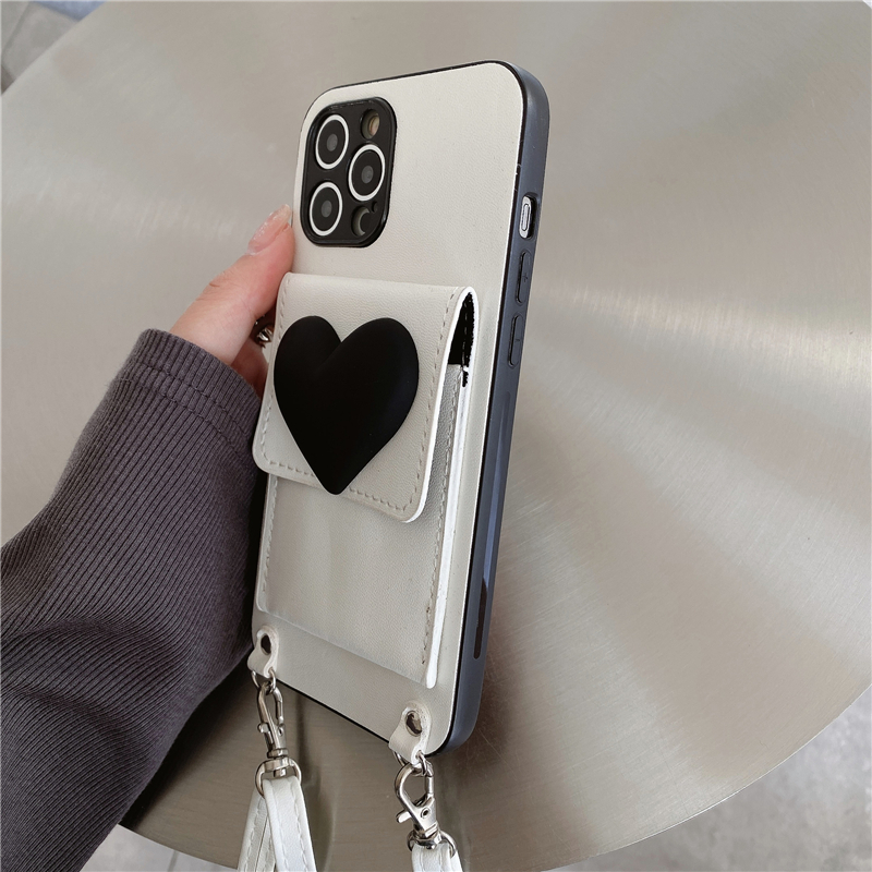 Collier Love Heart Étuis de téléphone pour iPhone 14 13 12 11 Pro Max XR XS 7 8 Plus SE2 SE3 Lanière réglable Fente pour carte Portefeuille Support d'embrayage Couverture arrière Antichoc