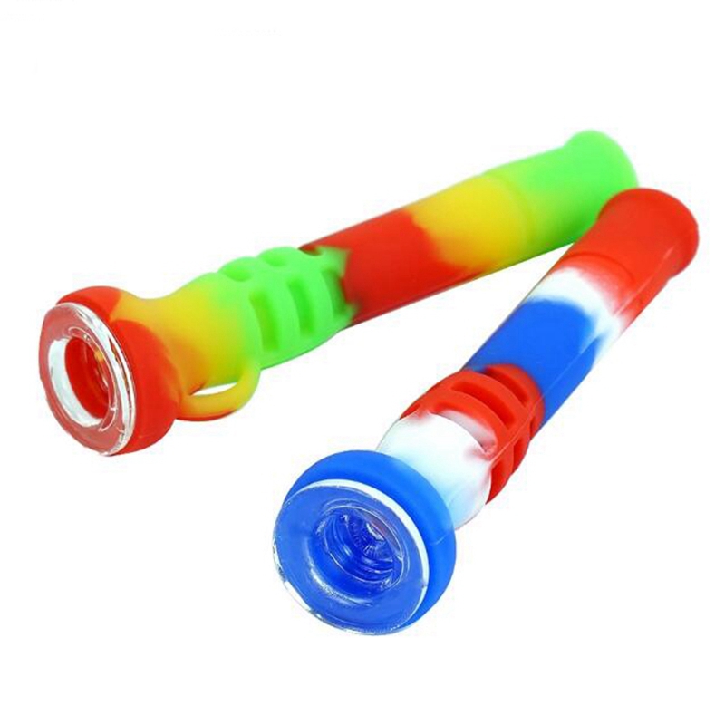 Colorful Silicone Pipes Dry Herb Tobacco Filter Glass Bowl Portable Pocket Keyring Mini Handpipes Flashlight Style Smoking Cigarette Holder Tube DHL