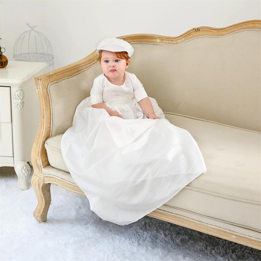 Plus lång längd europeisk dop klänning pojke baby enstycke med hatt vit MQ6113