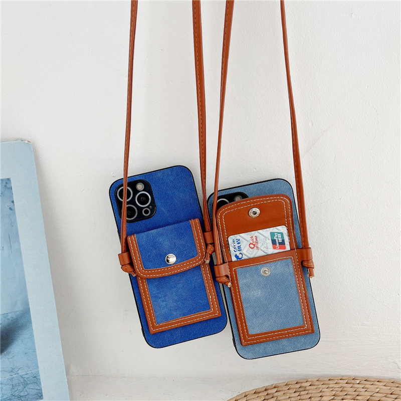 Necklace Jeans Phone Cases for iPhone 14 13 12 11 Pro Max XR XS 7 8 Plus SE2 SE3 Crossbody Chain Card Slot Wallet Clutch Kickstand Back Cover Shockproof