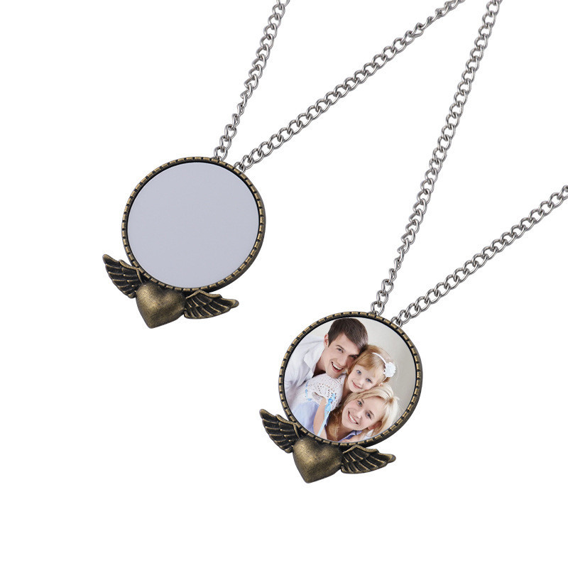 Vinatge Couples DIY Sublimation Blanc Aile Coeur Collier Designer Femme Bronze Argent Plaqué Pendentif Rond Colliers pour Homme Femme Saint Valentin Bijoux Cadeau