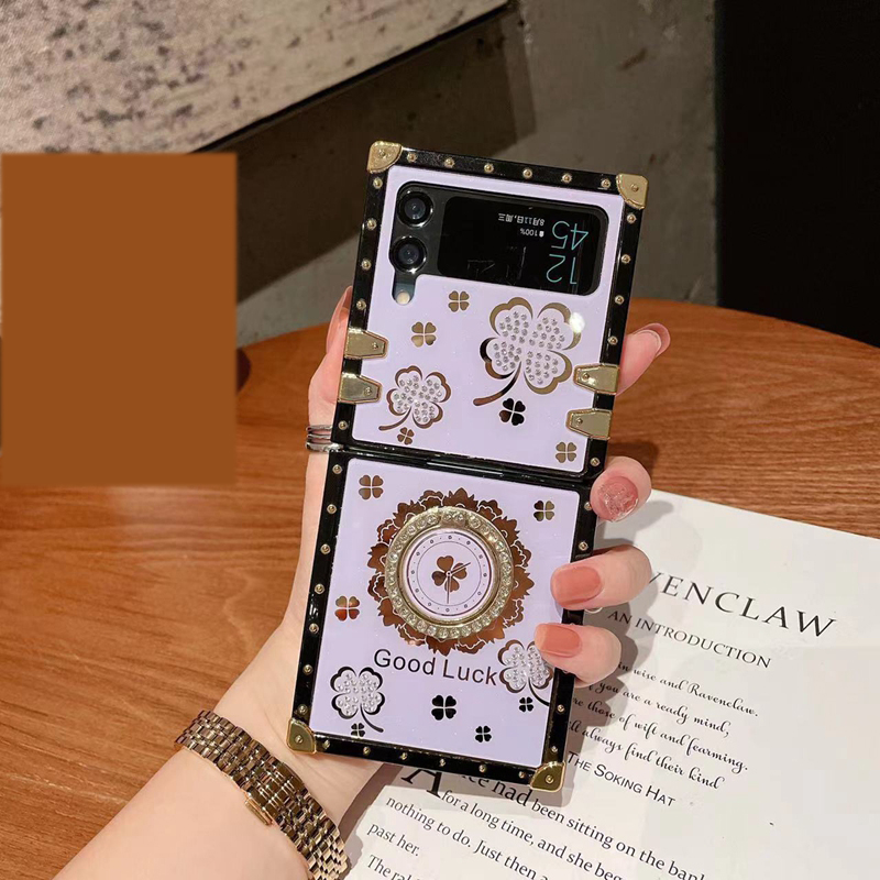 Samsung Galaxy Z Flip을위한 Bling Diamond Lucky Flower Hard PC 플라스틱 케이스 4 3 Zflip4 Zflip3 Flip4 Flip4 금속 손가락 반지 홀더 고급 모조 다이나 스톤 Good Luck Phone Cover