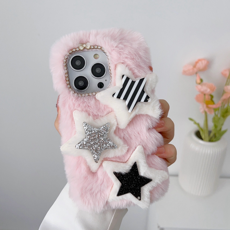 Bling Star Starry Diamond Phone Cases pour iPhone 15 14 Pro Max 13 12 11 XR XS X 8 7 Plus Iphone15 Soft TPU Mode Fluffy Fourrure Véritable Lapin Cheveux Bow Téléphone Couverture Arrière Peau