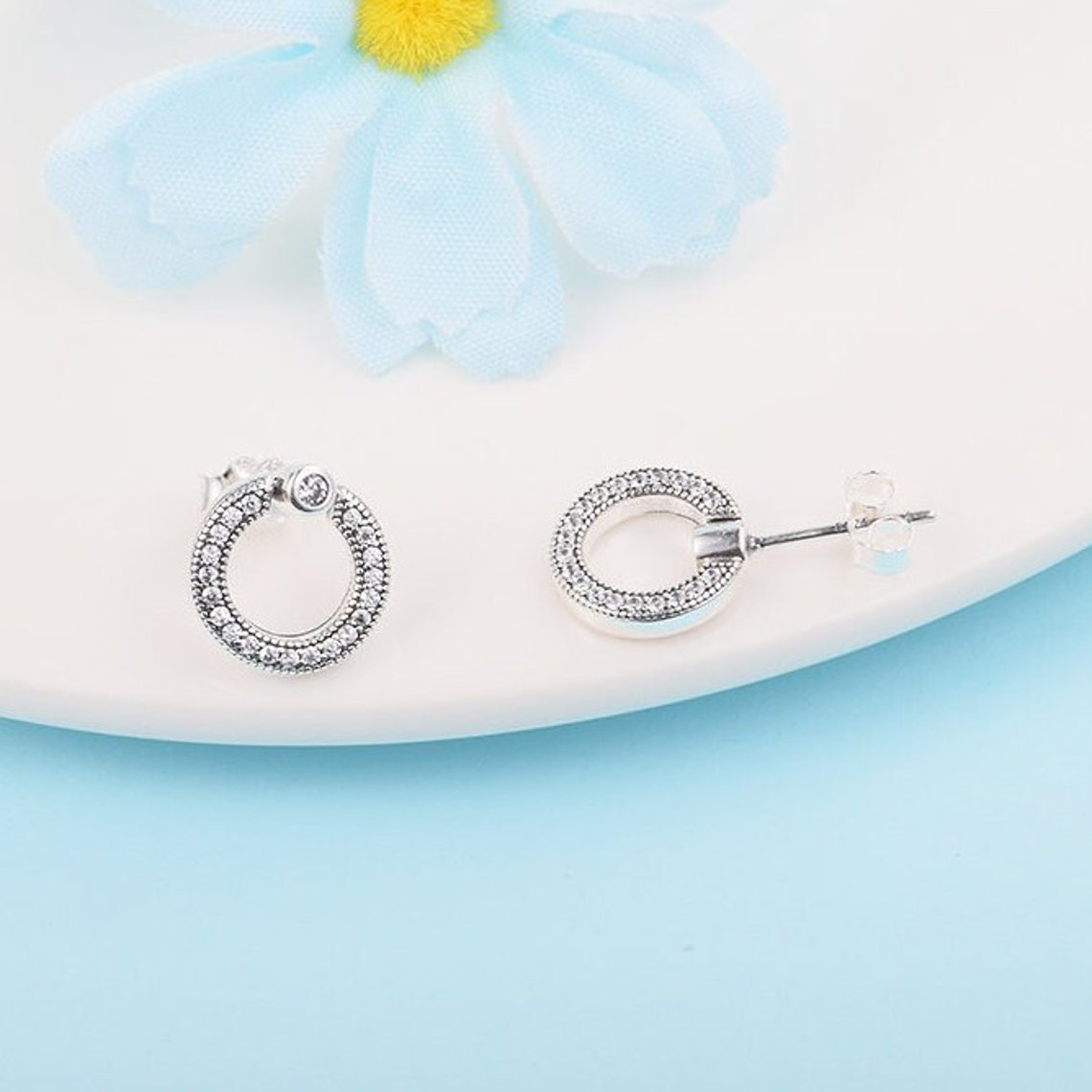 925 Sterling Silver Stud Pave & Logo Circle Reversible Earrings Fits European Pandora Style Jewelry Fashion Earrings