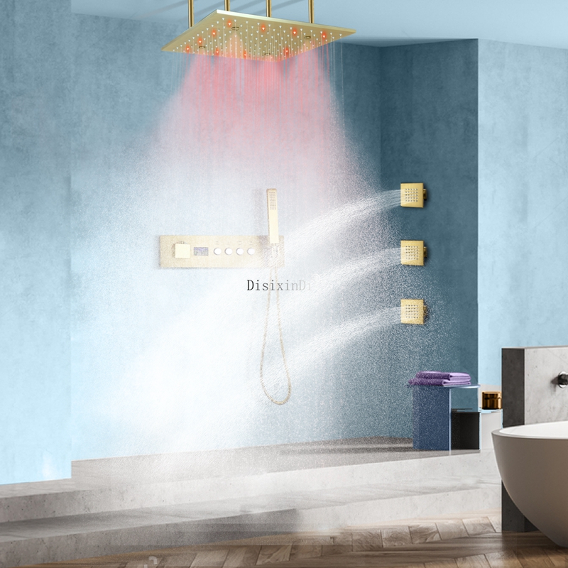 Luxuriöses Duschsystem, 400 x 400 mm, LED-Digitalanzeige, thermostatischer Regenduschhahn mit 3 Massagedüsen