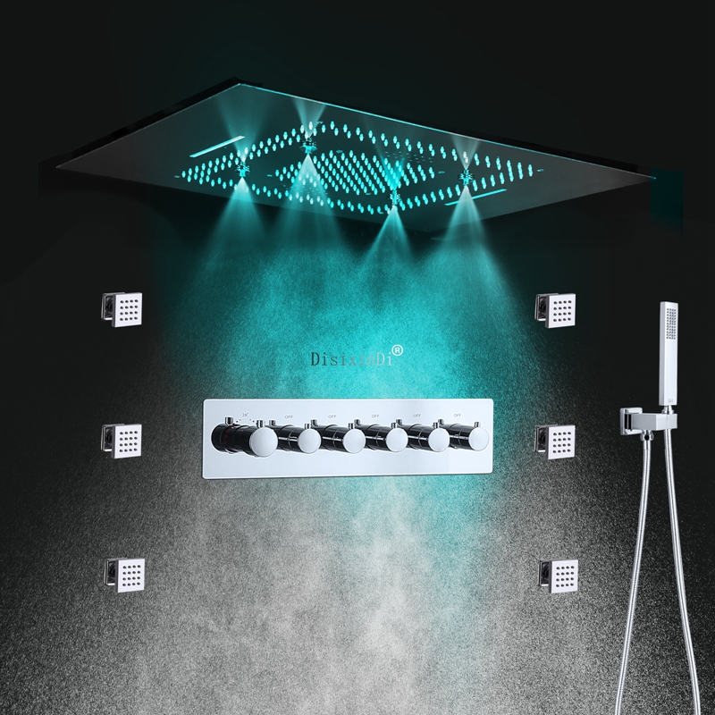 Plafond gemonteerde muziek LED -douchesysteem 32x24 inch mist regen waterval douchekop badkamer thermostatische douchemixer set
