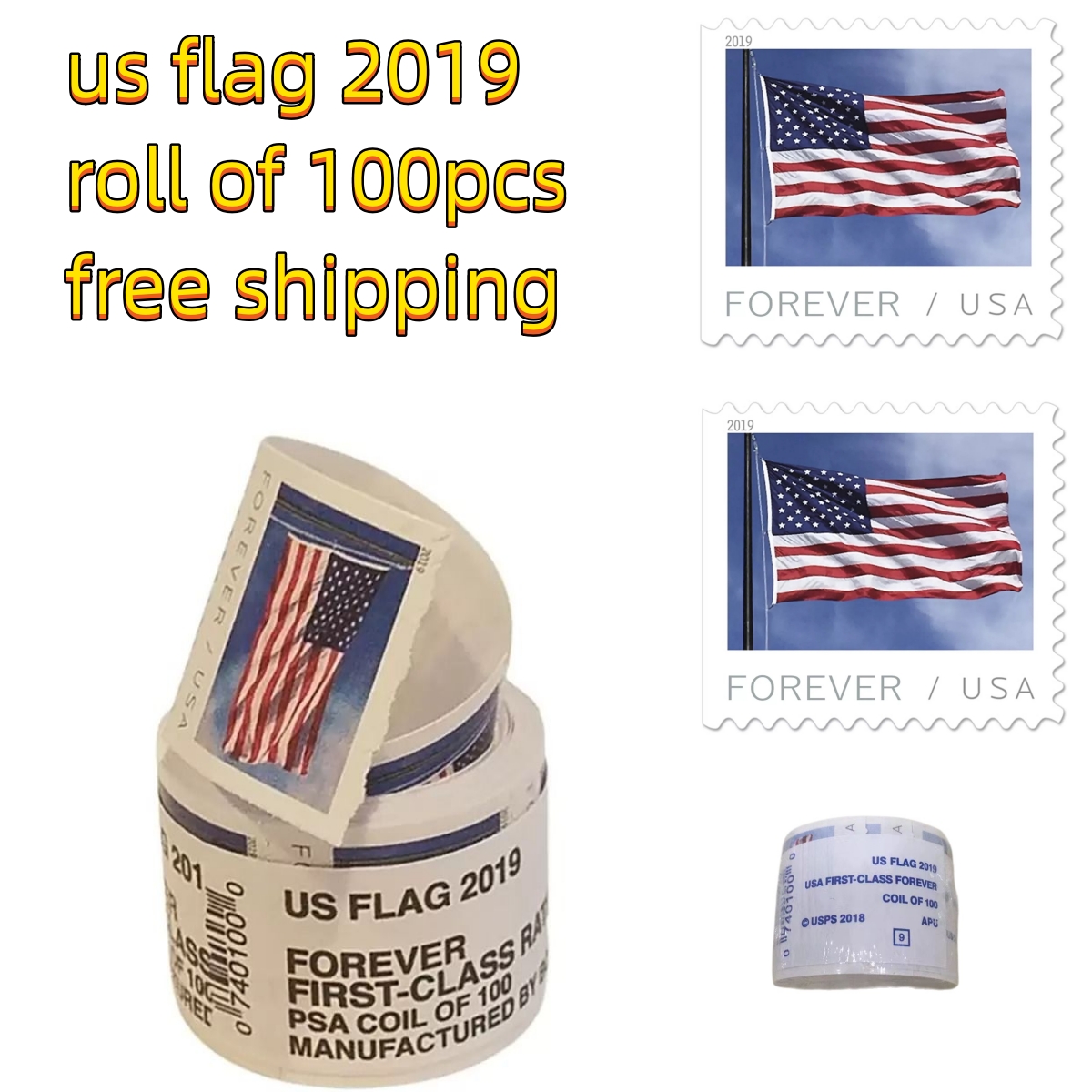 Forever stickers U.S. Flags US - Roll of 100 Envelopes Letters Postcard Office Mail Supplies