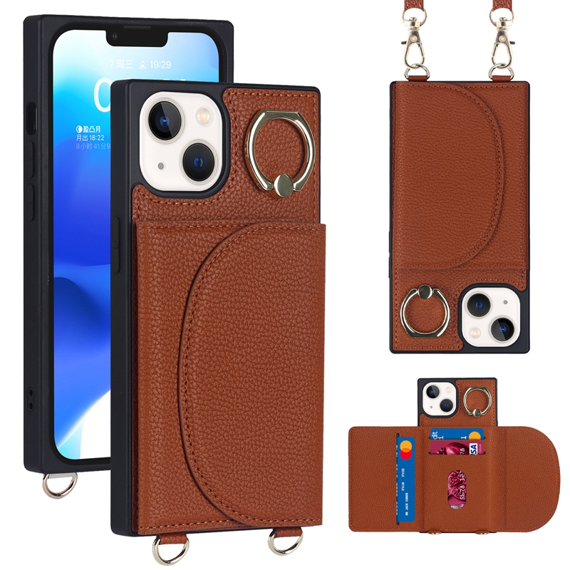 Multifunction Card Pocket Pack Leather Cases For Iphone 14 Pro Max Plus 13 12 11 8 7 Finger Ring Holder Credit ID Slot Shockproof Phone Back Cover Shoulder Strap Lanyard