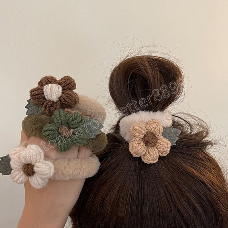 Fashion Knitted Flowers Plush Scrunchies Ponytail Holder Rubber Band Handmade Knitting Soft Sweet Hair Rope Hair Accessories