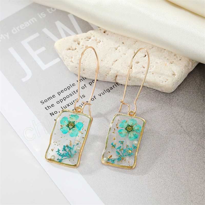 Boucles d'oreilles à fleurs séchées pour femmes, rectangulaires transparentes, pendantes, pour fête de mariage, Festival, fête pour filles, bijoux cadeaux