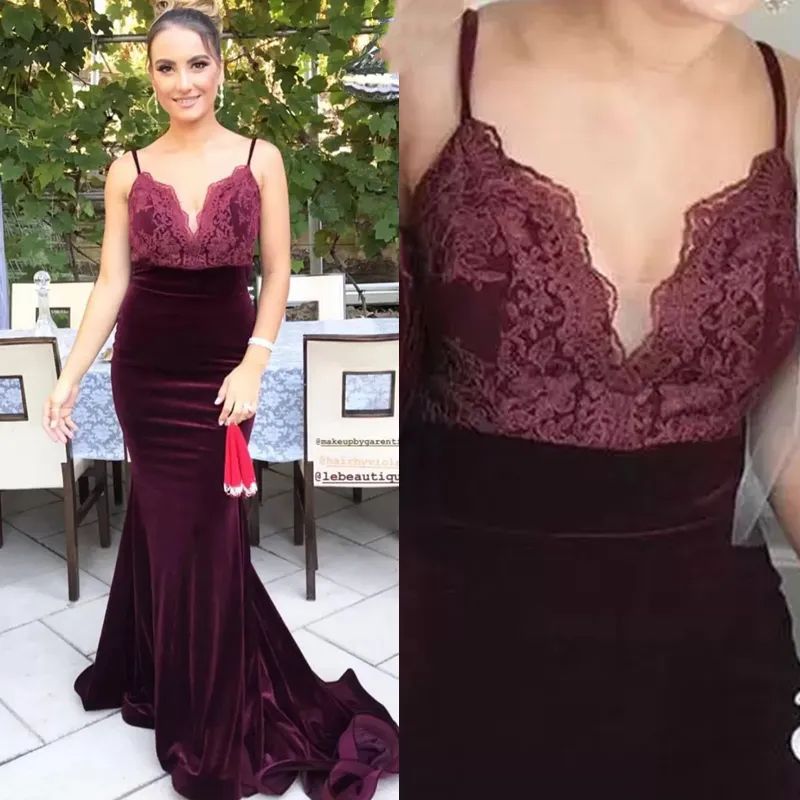 2023 Plus Size Velvet Mermaid Intersmaid Dresses Burgundy Spaghetti Straps Lace Severiques Backless Party Wedding Guys Maid of Honor Dress