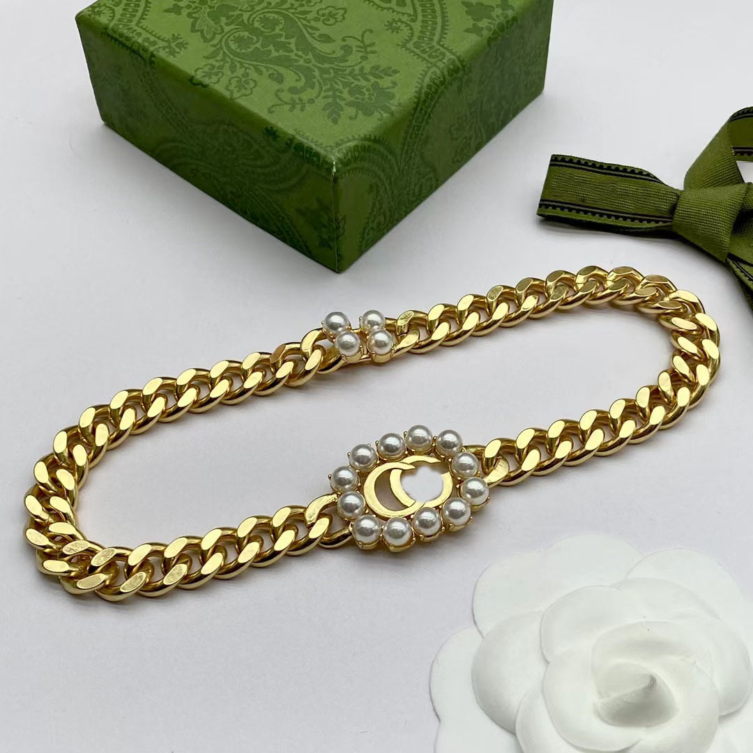 18 Karat vergoldetes Armband-Halsketten-Set, Pulseira-Kragen-Designer für Damen, Retro-Modemarke, Perlenarmband-Kette, hochwertig, wi267L