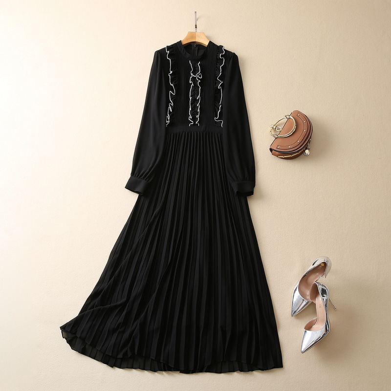 2023 Spring Black / Green Solid Color Pleated Dress Long Sleeve Round Neck Paneled Chiffon Midi Casual Dresses S2D072323 Plus Size XXL