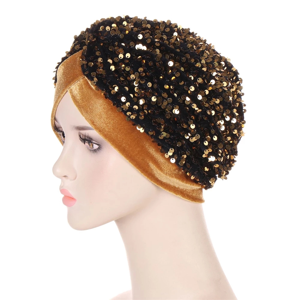 New Muslim Turban Headwear for Women Pre tied Velvet Sequins Headwrap Caps Chemo Beanies Hair Cover