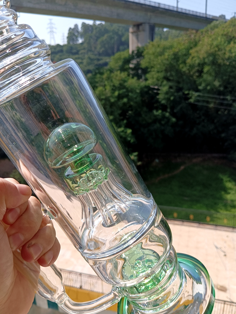 Bongs géants en verre vert avec recycleur d'eau, avec percolateurs de méduses, plates-formes à huile à base ronde pour fumer