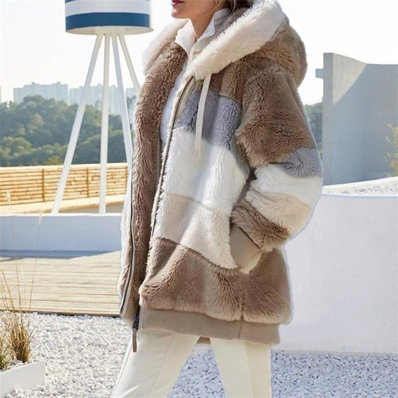 冬の女性ウォームフェイクファージャケットファッション特大の豪華なオーバーコートレトロパッチワークフリースフード付きジッパージャケットコートアウトウェア