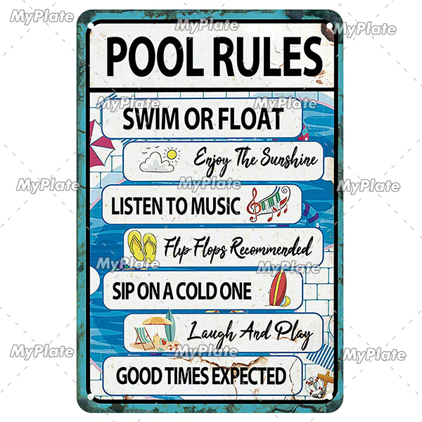 Vintage Beach Pool Rules Metal Painting Store Tin Signs Plate Tin Sign Wall Crafts Retro Decor For Home Plaque Decoration Gift 20cmx30cm Woo