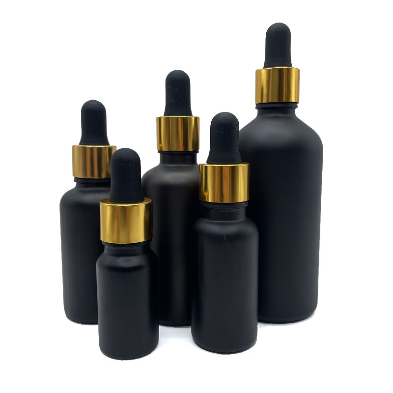 Matte Black Glass Essential Oil Bottles with Gold Eye Dropper Cap 5ml 10ml 15ml 20ml 30ml 50ml 100ml Skin Care Serum Bottle
