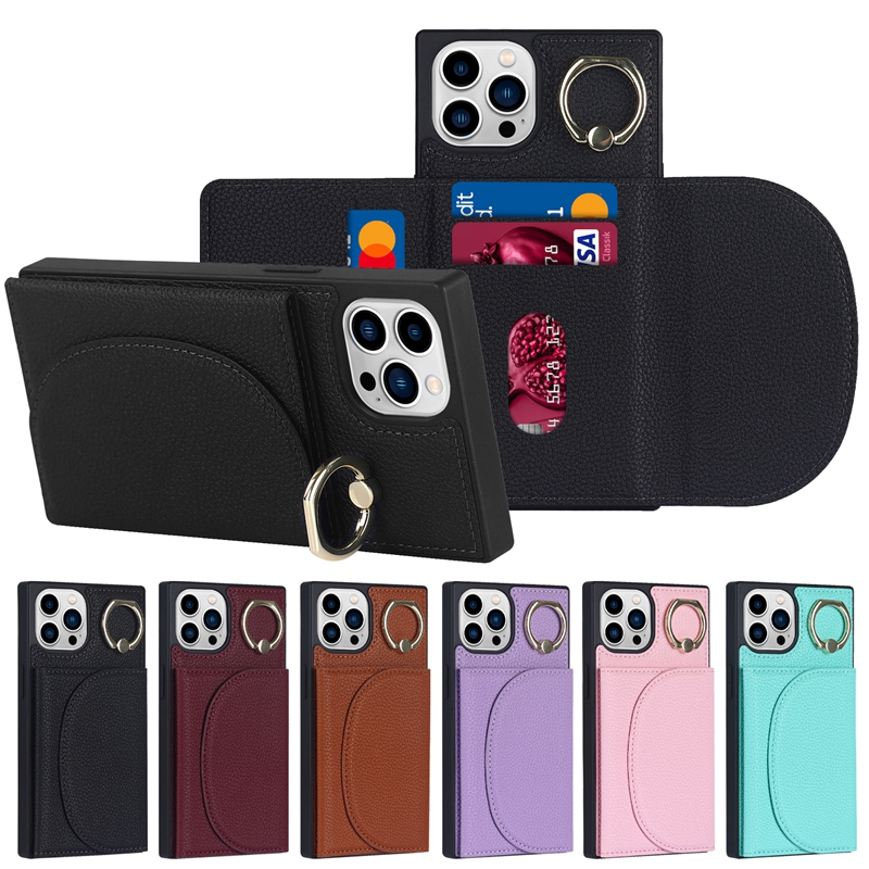 Card Pocket Pack Leather Cases For Iphone 14 Plus 14Pro 2022 13 12 11 Pro Max 8 7 Shockproof TPU Finger Ring Holder Stand Credit ID Card Slot Back Cover Cash Wallet Skin