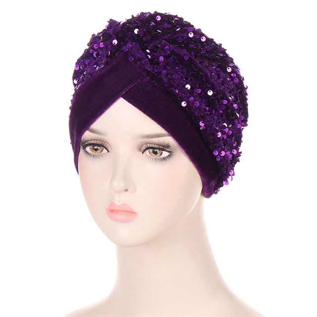 New Muslim Turban Headwear for Women Pre tied Velvet Sequins Headwrap Caps Chemo Beanies Hair Cover