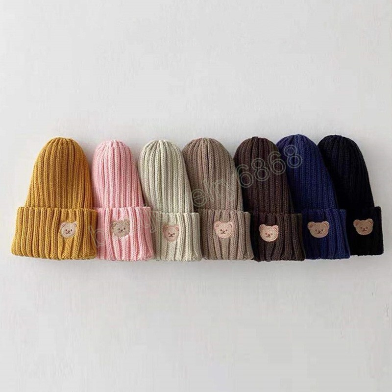 Mode Winter Autumn Baby Cap Hat Boy Girl Wool Sticked Beanie Skull Bonnet Söt björn broderi Soft Warm Cap Party Gift