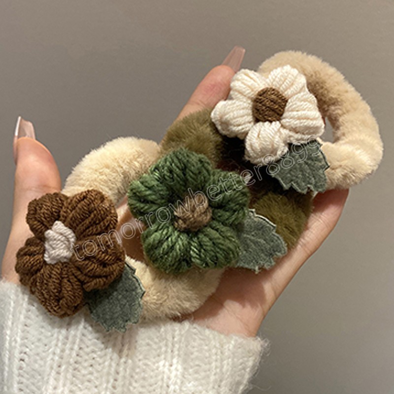 Fashion Knitted Flowers Plush Scrunchies Ponytail Holder Rubber Band Handmade Knitting Soft Sweet Hair Rope Hair Accessories