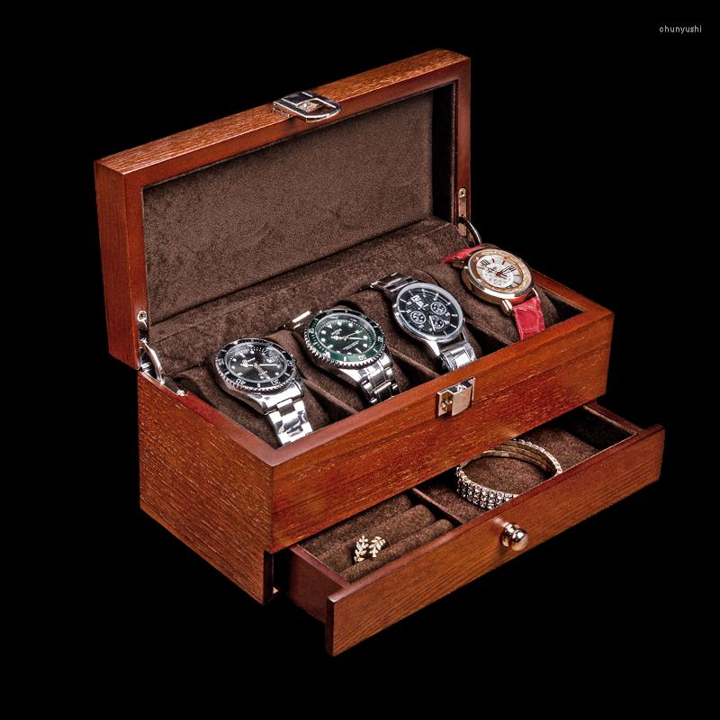 Scatole orologi Scatola in legno Custodia organizer Doppio strato Marrone Gioielli da uomo Display Anello Collana Bracciale Regalo298h