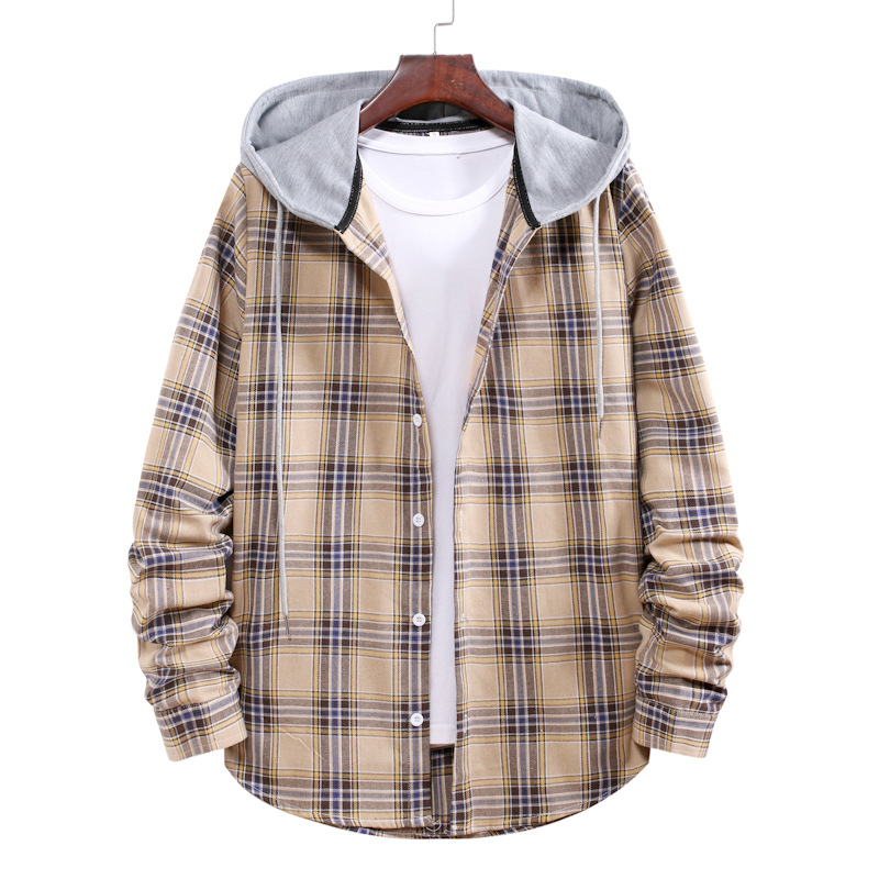 Men's Casual Shirts Long Sleeve Quilted Lined Flannel with Hood Button-Down Flannel Plaid Hoodie Shirt Lightweight Jacket