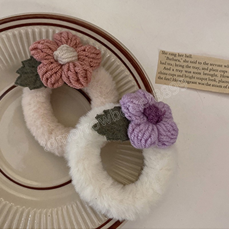 Fashion Knitted Flowers Plush Scrunchies Ponytail Holder Rubber Band Handmade Knitting Soft Sweet Hair Rope Hair Accessories