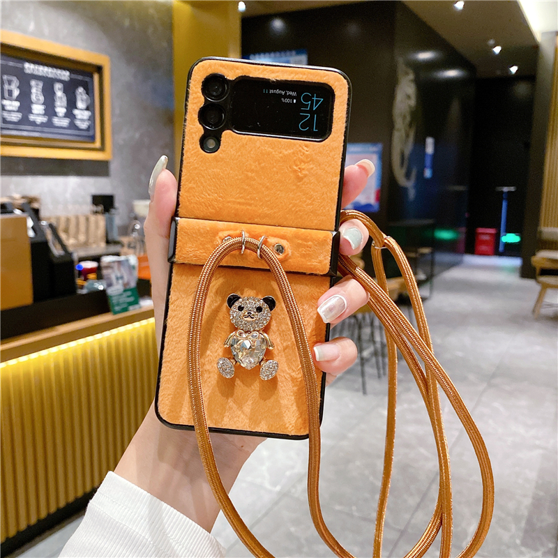 Składane lina diamentowe futra futra telefonu dla Samsung Galaxy Z Flip3 Flip4 5G Crossbody łańcuch pluszowy Vogue Ochronić Shockproof