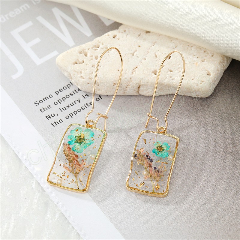 Boucles d'oreilles à fleurs séchées pour femmes, rectangulaires transparentes, pendantes, pour fête de mariage, Festival, fête pour filles, bijoux cadeaux