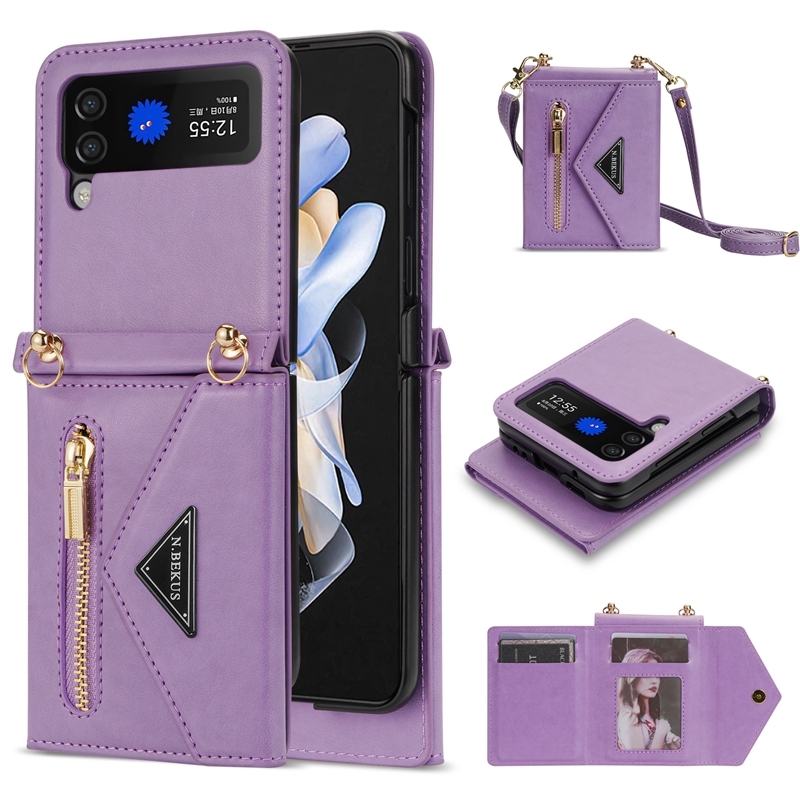 Multifunctionele ritsleren portemonnee kisten voor Samsung Galaxy Z Flip 4 3 FLIP4 Zflip3 Fashion Flip Cover Holder ID Kaart Pocket Slot Turn Crossbody Schouder Lanyard