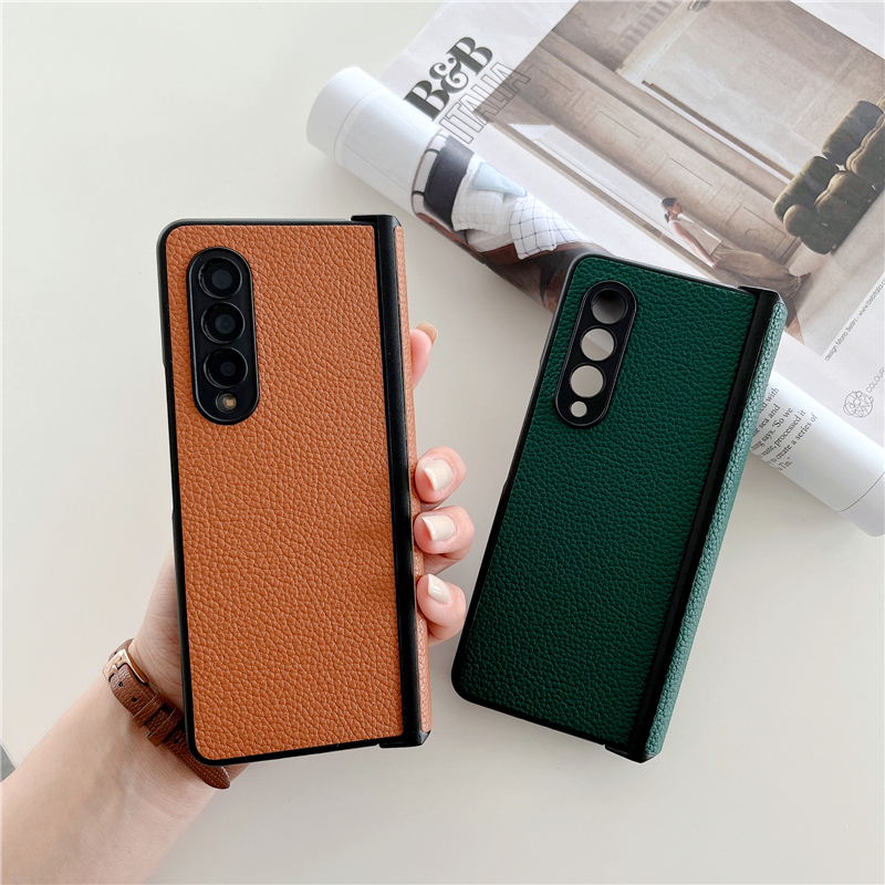 Folding Lychee Grain Leather Phone Cases for Samsung Galaxy Z Fold3 Fold4 5G Vogue Solid Color Business Protective Shell Shockproof