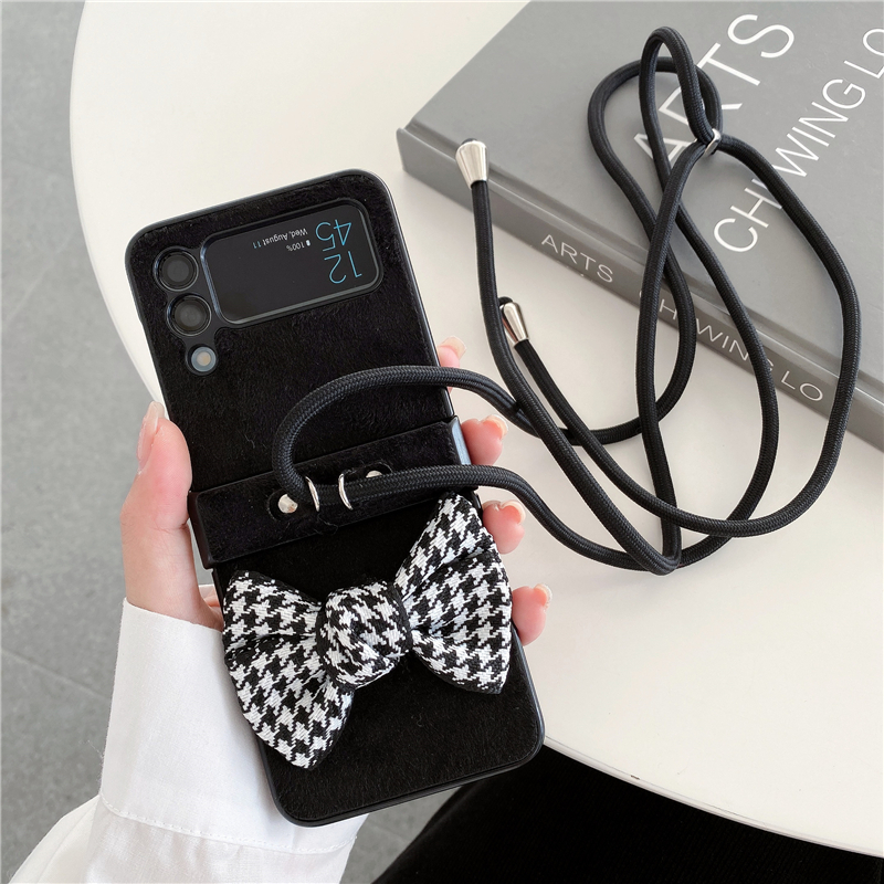 Folding Lanyard Houndstooth Bow Phone Falls f￶r Samsung Galaxy Z Flip3 Flip4 5G Crossbody Chain Vintage Leather Vogue Protective Shell Suffs￤ker