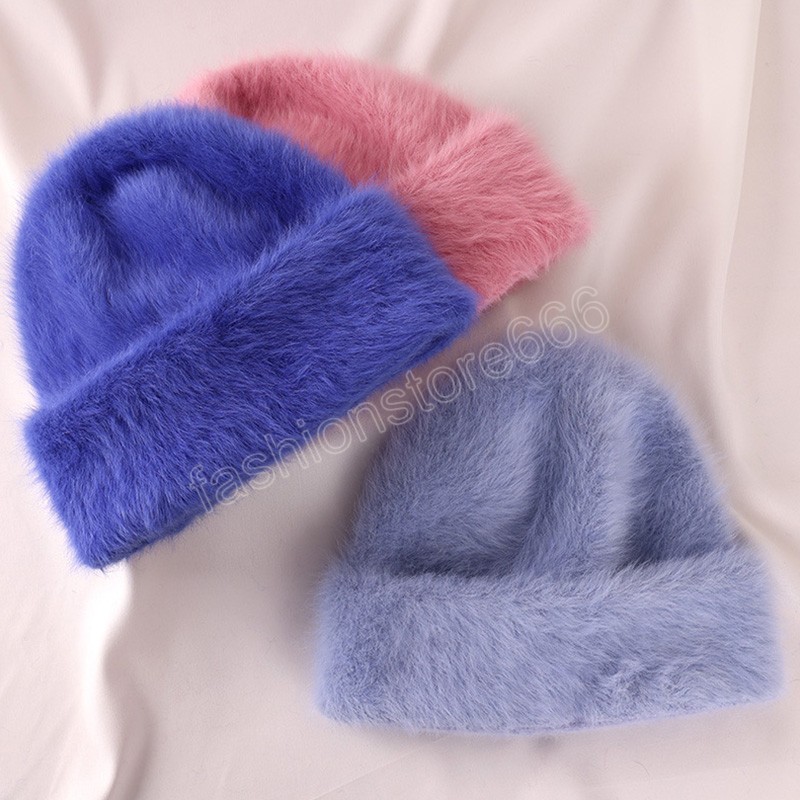 Bonnet d'hiver en fourrure de lapin pour femme, Bonnet moelleux tricoté, à la mode, chaud, en peluche, crâne, femme et fille, en polaire épaisse