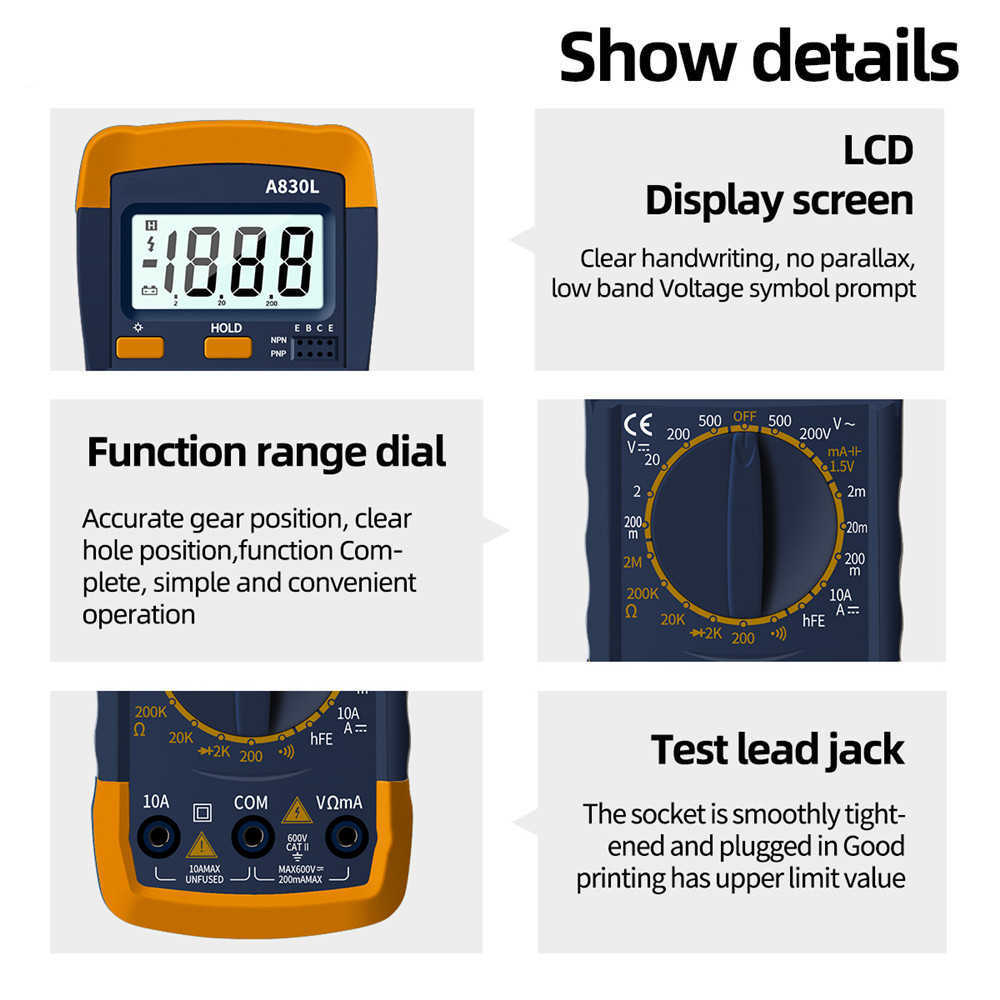 A830L LCD 디지털 멀티 미터 AC DC DC 전압 다이오드 FEGUENCY Multitester Current Tester Luminous Display