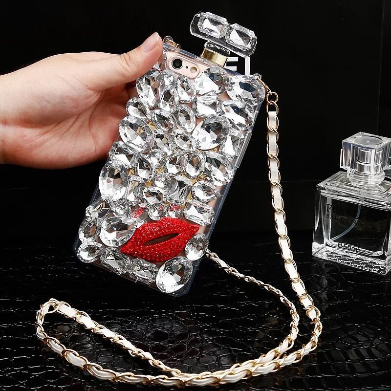 3D Diamond Perfym Bottle Telefonfodral för iPhone 15 14 13 12 11 Pro Max XR Luxury Bling Crystal Rhinestone Design med Lanyard Handmade Protector Fashion Cover 1 st